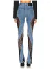 Women's Jeans Lace Sexy Patchwork See Through Skinny For Women High Waist Hem Split Stretchy Runway Pencil Denim Pants Trousers ZN282