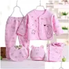 Kledingsets 5 stks/set 0- Born Baby Suit Set Top 2 broek Hoed Bibs Bibs Board Girl Kleding Pure katoen Ademend Cartoon ondergoed Drop Deliva