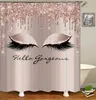 Hello Gorgeous Unicorn Eyelash Art Shower Curtain, Pink Glitter Drips Background, Bathtub Showers Washable Fabric with Hooks