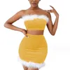 Work Dresses Sexy Women 2-Pieces Dress Sets Plush Strapless Bra Tops And High Waist Mini Pencil Skirt Winter Party Nightclub Outfits Street