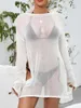 Women Beach Bikini Cover Up Dress Casual Long Sleeve Sheer See Through Tunic Blouse Swimsuit Bathing Suit