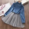 Roupas Define o vestido infantil 2024 Primavera e Autumn Girl's Princess Skirt Denim Top Galze Slave Sleeve Suit