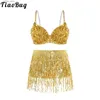 Sexy Skirt Fringe Tassel Skirts y Bra Set for Women Shiny Belly Dance Come Stage Show Performance Competition Rave Dance Outfit Club L410