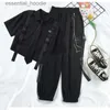 女性用パンツカプリスファッショングッズパンツセットFe Harajukuカジュアルシャツ短袖トップハイウエストルーズジョガーパンツストリート衣料C240411