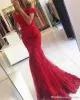 2024 abiti da ballo in pizzo rosso Veatidos fuori spalla Appliques in perline Abiti da sera sirena Long Space Train Occasione Special Occasing Dress