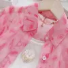 Menoea Casual Girls Pink Leopard Print Set Set Summer Dids Sunscreen Длинная рубашка + шорты 2 штука 2-7 лет детские наряды