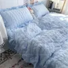 Ins tjej blå fast färg seersucker ruffles spets sängkläder set kawaii quilt täckning mjuk ark kvinna täcke kudde omslag