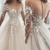 Graceful Wedding Dresses 3D-Floral Appliques Bridal Gowns Long Sleeve Sequins Custom Made A Line Sweep Train Vestidos De Novia