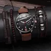 Armbandsur 4st Fashion Business Calender Men's Belt Quartz Watch med PU Woven Armband Set