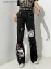 Women's Pants Capris InsGoth Y2K Punk Skull Printed Black Button Pants Harajuku High Waist Large Pocket Trousers Goth Mall Grunge Cargo Pants Techwear C240411