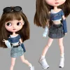 New Arrival Blythe Doll Clothes Printed Off Shoulder Tops T-shirt and Denim Skirt with Belt for Blyth Licca OB24 Dolls Clothing