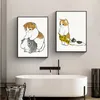 Toiletkat spelen mobiele telefoon papier poster eenvoudige huisdier prints canvas schilderen muur kunst foto's huis kamerkamer decoratie