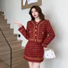 Work Dresses Ladies Red Tweed Two Pieces Set Women Autumn Elegant Vintage Plaid Short Jacket Coat Bodycon Mini Skirt Suit Outwear Outfit