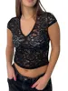 Camisetas femininas femininas lace sheer malha top