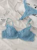 Sexy Ultra Thin Lingerie Briefs Blue Lace seios grandes mostram lingerie de sutiã pequena com feminina de calcinha