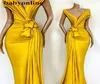 Superbes robes de soirée jaunes plis noués sirène hors de l'épaule des robes de célébrités de fête formelle pour les femmes porteurs pas cher9843202