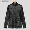 INCERUN Men T Shirt Leopard Print Turtleneck Mesh Sexy Long Sleeve See Through Camisetas Streetwear Fashion Men Clothing 240407