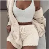 2023 New Winter Women Velvet Pajamas Set Sexy v Beck Crip Top+Shorts+Cardigans Coat 3 VIATES SUB