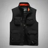 Utomhus fritid Mens Vest Pography Fishing Hunting Vest Multi-Pocket Stand-Up Collar Solid Color Zipper Tactics Top Colete 240408