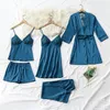 Женщины синяя пижама устанавливают атласная 5шт для сна