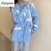الحياكة النسائية اليابانية kawaii harajuku cardigan women cloud طباعة كوريا الفضفاضة الأزرق معطف المعطف