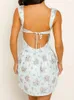 カジュアルドレスChronstyle Retro Women Summer a-line Mini Dress Seveless Backless que-up Floral Print Square Neck Ruched Female Vestidos