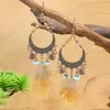 Dangle Earrings Boho Wooden Beads Long Feather For Women Natural Turquoises Alloy Round Pendant Female Vintage Jewelry