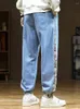 Erkek Kot Bahar Sonbahar Düz Moda Ayı Patchwork Bantlı Bel Çizme Bol Jean Pantolon
