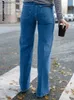 Damesjeans dames blauwe rechte jeans retro pocket mid taille pure katoenen broek 2024 lente/zomer nieuwe casual losse denim broek c240411