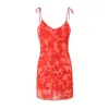 Casual Dresses Yenkye Summer 2024 Women Spaghetti Strap V Neck Floral Print Red Holiday Beach Dress Short Robe