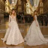 Berta Beloved Wedding Dresses Deep V-Neck Long Sleeves Full Lace Bridal Gowns Open Back Sweep Train A-Line Wedding Dress