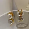 Hoop Earrings Korean Gold Color Round Pearl For Women Fashion Elegant Design Back Hanging Hoops Wedding Jewelry