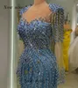 Urban Sexy Dresses African Fashion Blue Pearls Beaded Long Sleeves Evening Dresses Mirror Crystals Award Ceremony Events Gala Party Gowns 240410