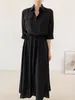Casual Dresses Clothland Women Elegant Shirt Dress Pocket Drawstring Tie Sashes Three Quarter Sleeve One Piece Office MIDI QD510