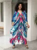 Basis Casual jurken Kleurrijke Boheemse bedrukte Kaftan Dames Beach Dress Soft Cozy House Robe Boho Vacation Batwing Sleeve losse Moo -jurk Q1634 L49