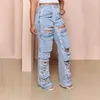 Damesjeans mode gescheurd Hollow Out Women High Taille Washed Blue Wide Leg denim broek Casual streetwear cowboys broek zomer