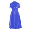 Casual Dresses Womens Elegant Empire Waist Cocktail Party Club Shiny PVC Leather A-line Pleated Ladies Long Dress Wetlook Solid Gown