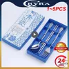 Chopsticks 1-5 st. Uppsättning av rött/blått/vitt/grönt porslin Tabelformat rostfritt stålsked för presentförpackning bärbar resa