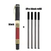 1+4st/set Luxury Ballpoint Pen med påfyllningar Skolkontor Black Wood Gold Carving Metal Roller Ball Pen Stationery Supplies Pen Pen