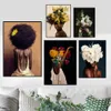 Flower Woman Head Canvas Poster Nordic Black Skin Boho Wall Art Prints Målning Modern Dekorativ bild Vardagsrum Dekoration