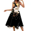 Dames Casual Fashion Round Round Neck Mouwloze print Onregelmatige HEM MIDI -jurk 240411