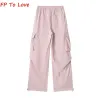 2023 Summer Retro Sweet Cargo Pants High midja Elastisk midja dragskon rak bred benbyxor kvinnor streetwear rosa outfit