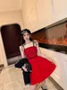 Casual Dresses Sexy Spaghetti Strap Bow 2024 Summer Red Women Dress Bling Diamonds Patchwork Velvet Slim A Line Party