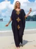 Basic Casual Dresses Causal Embroidered V-neck Black Plus Size Kaftan Dress For Women 2024 Summer Boho Clothes Beach Wear Maxi Dresses Robe Q1373 L49