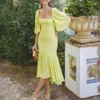 Square Neck Evening Dresses Tea Length Prom Dress Elegant Yellow Chiffon Formal Party Gown with Sleeve