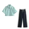 Pantalons de deux pièces pour femmes Trafza Spring Femmes Blouse Blouse Pant Costume Bouton à manches courtes Slim Shirts Cropped Patchwork Stripes Side Stripes Pantoureurs