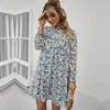 Casual Dresses Ruffles Half High Collar Ladies A Line Print Dress Turtleneck Loose Skirt