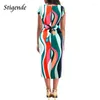 Party Dresses Stigende Ruched Lace Up Loose Fit Print Dress Women Casual O Neck Bodycon Bandage Midi