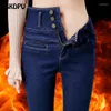 Jeans pour femmes plus taille 5xl épaissison d'hiver femme bouton haute taille velours skinny pantalon denim en peluche