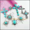 Retro Tibetan Silver Plated Flower Key Sun Cross Turquoise Stone Charms Pendants